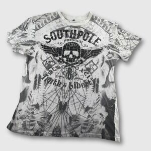 Southpole Skull Graphic T Shirt Mens L Black White Biker Grunge Tee
